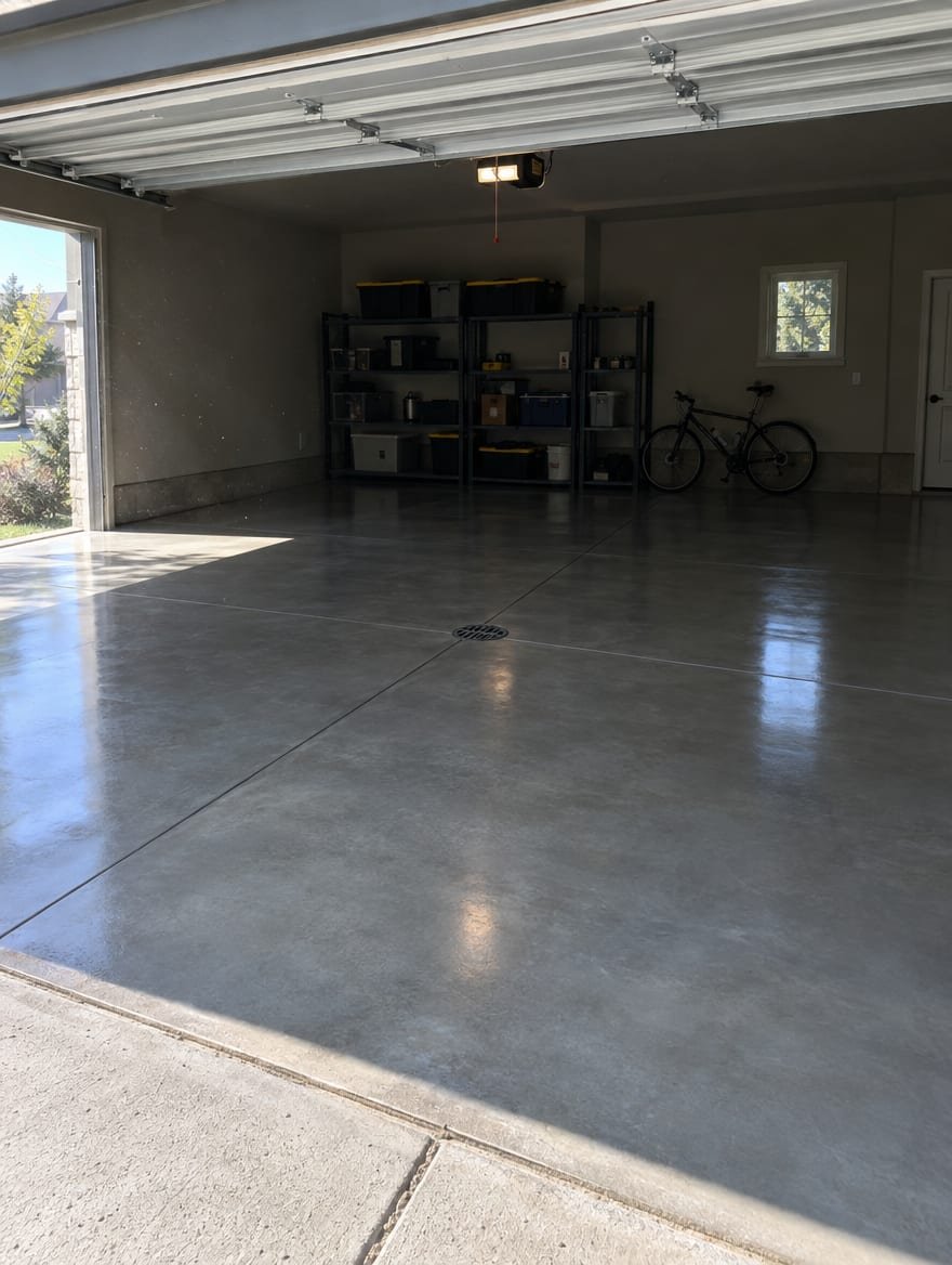 Finished residential two-car garage floor