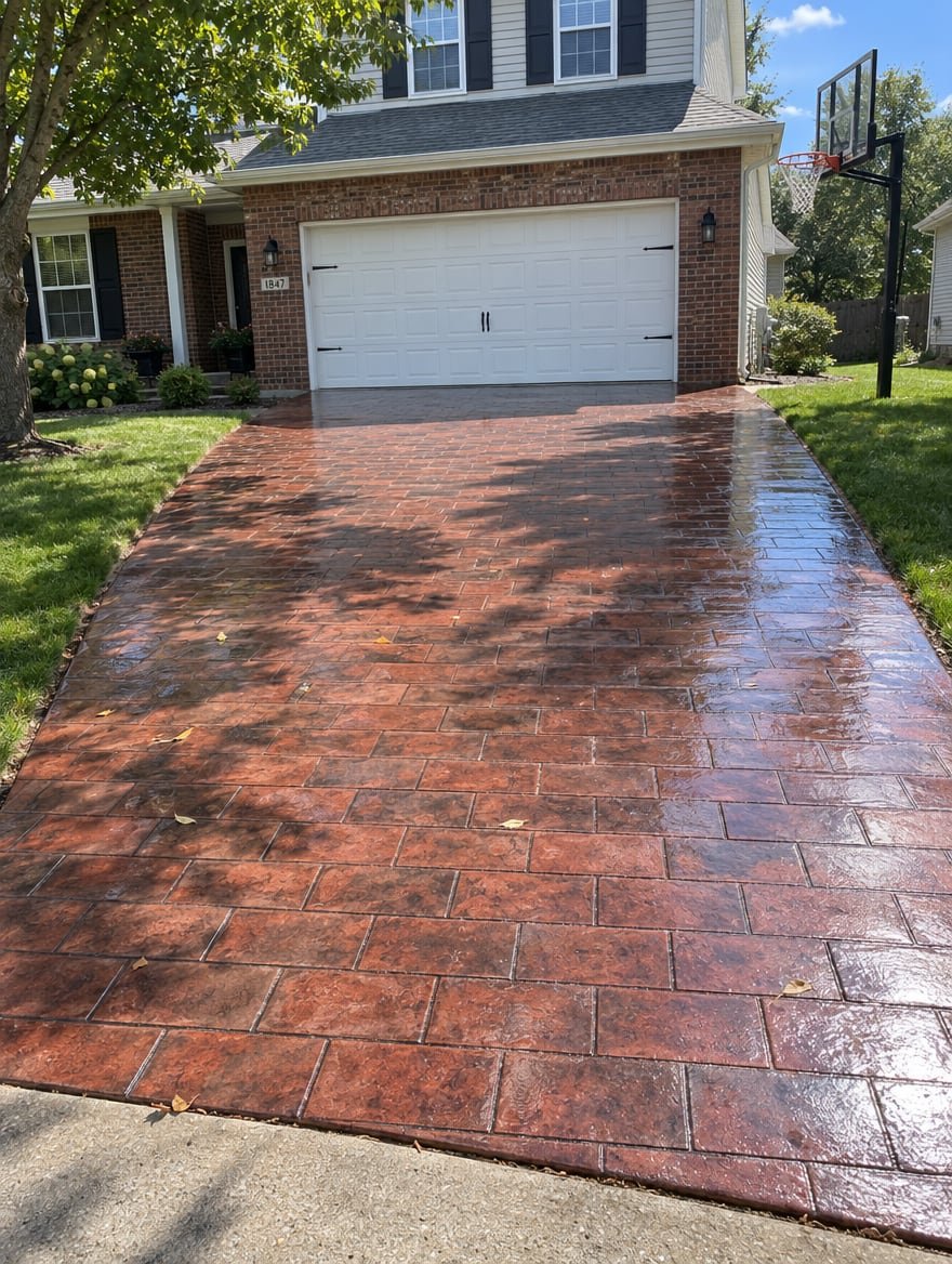Finished red stamped concrete driveway by M.A.N in the Omaha metro